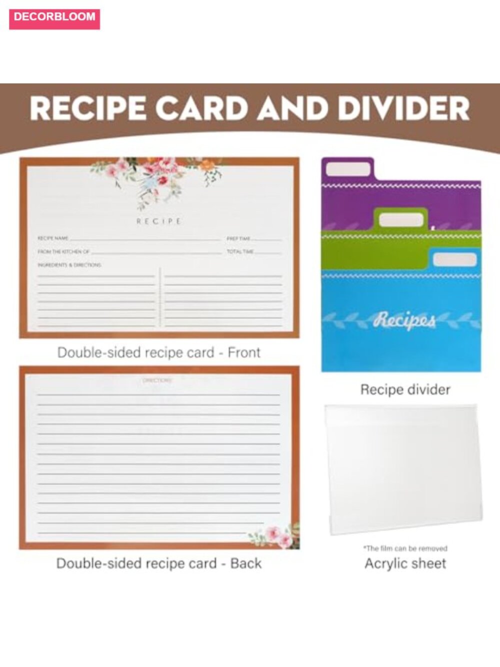Wooden Recipe Box with 100 Cards, Dividers, Acrylic Shield - Picture 4 of 6